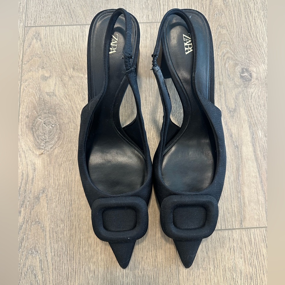 Zara Black Satin Slingback Block Heels - Perfect for Holidays